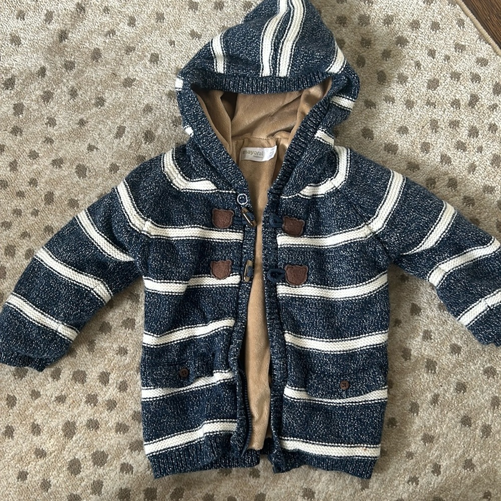 Mayoral 18 month sweat coat. Fleece lined, blue and white knit.
